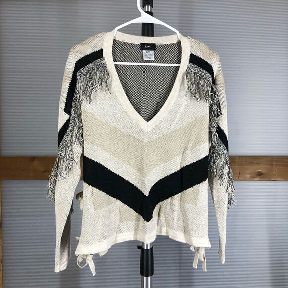 LINE THE LABEL 100% Wool Fringe Chevron Side Slit Tie V-Neck Knit Sweater Sz S - Picture 2 of 10